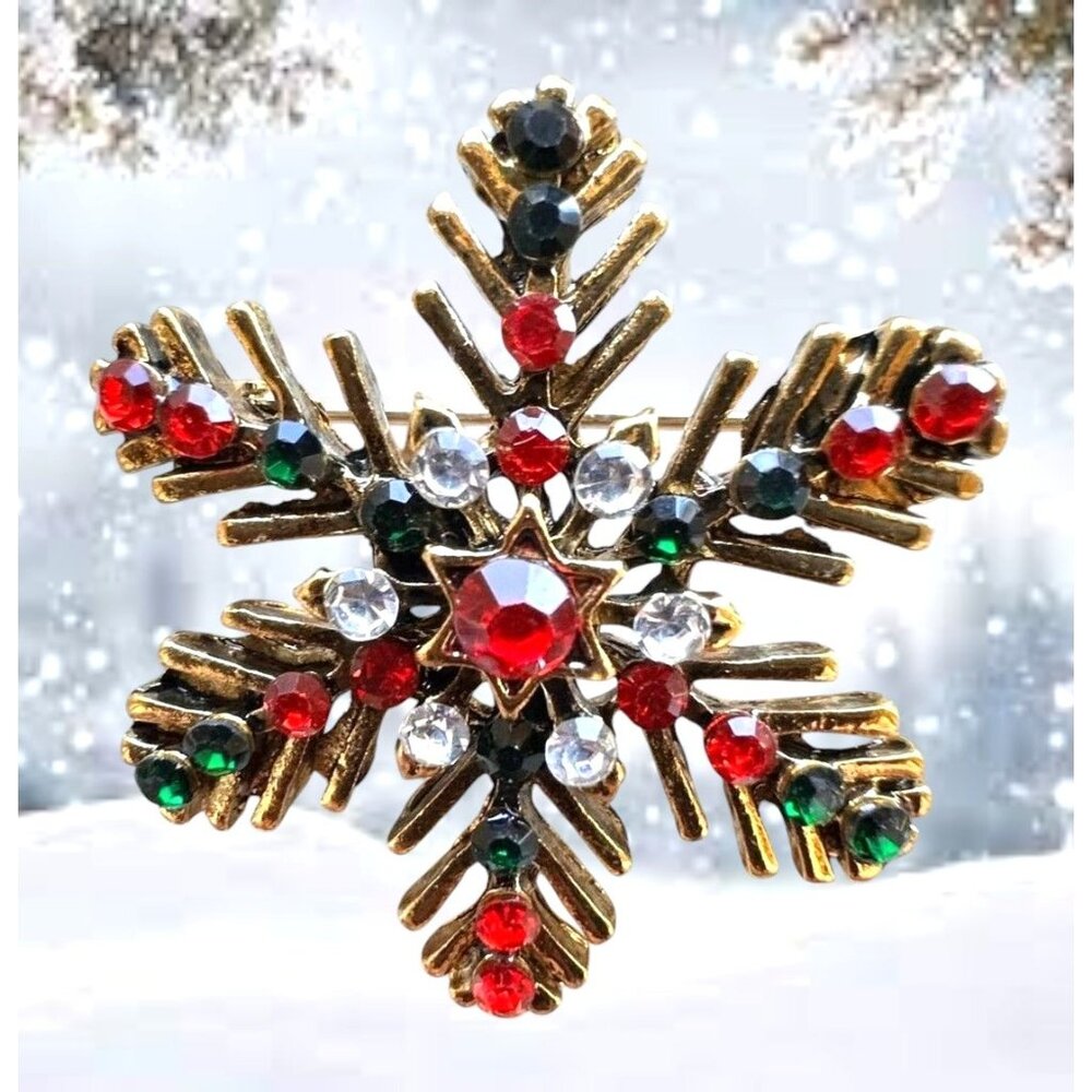 Christmas Snowflake Brooch Pin Star Red Green Crystal Accents Festive Wi… - Picture 7 of 12